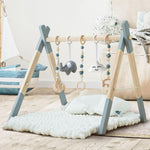 Wooden Baby Play Gym Foldable Baby Play Gym Frame Activity Gym Hanging Bar with 5 Gym Baby Toys Natural for Newborn Baby (Foldable Grey)