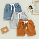 Thilsidee 3 Pack Toddler Baby Boy Girl Solid Color Shorts Elastic Waist Casual Short Trousers Spring Summer Fall Short Pants (A-Blue Brown Grey, 0-6 Months)