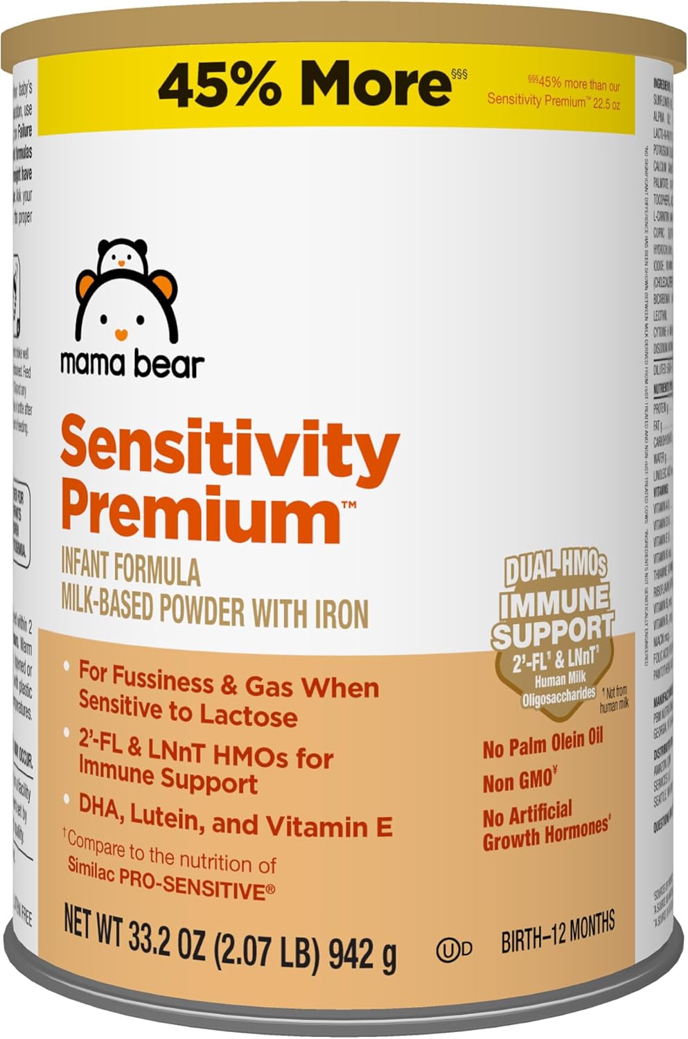 Amazon Brand - Mama Bear Sensitivity Premium Infant Formula Powder with Iron, Dual HMOs for Immune Support, Non-GMO, for Fussiness and Gas Due to Lactose Sensitivity, 2.07 Pound (Pack of 1)
