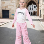 Kucnuzki Little Girls Clothes 6 7 Year Old Girl Clothes Long Sleeve T-Shirt Fall Tops New York T Shirt High Waist Long Pants Pink Cargo Pants Kids Clothing