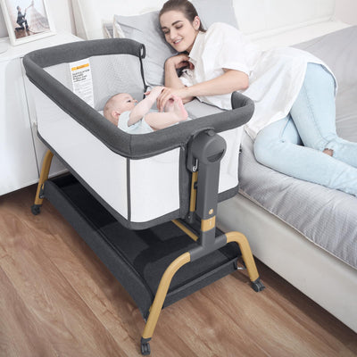 Jimglo 3 in 1 Baby Bassinet, Bedside Bassinet for Baby, Rocking Bassinet with Comfy Mattress and Wheels, 6 Height Adjustable Easy Folding Portable Bedside Crib for Newborn