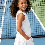 PATPAT Girls 2 Piece Tennis Skirt Set Size 6-7, Plain White Tank Tops and White Pleated Skort with Built In Shorts 2 Piece Outfits Girl Clothes Tennis Outfit Athletic Sets Activewear