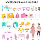 TEMI Villa Toy for 3 4 5 6 Year Old Girls - 4 Storeys 10 Rooms Villa Playset with 2 Doll Toy Figures, Accessories and Furniture, Toddler Home Pretend Kits Gifts for Kids Ages 3 Toys