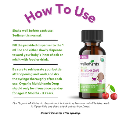 Wellements Organic Baby Multivitamin Drops (1 Fl Oz) - Cherry Flavor Liquid Multivitamins for Infants & Toddlers (2 Months+) - Toddler Vitamins for Immune Support*, Healthy Growth & Bone Development*