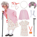 FAYBOX 9 pcs Old Lady Costume for Kids,100 Days of School Costume Old Lady Wig for Girls, Granny Grandma Dress Up