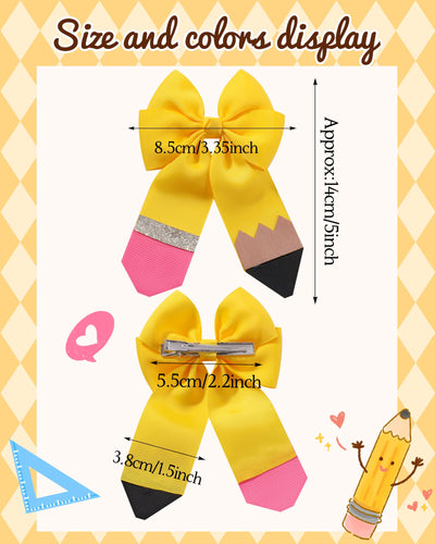 doboi Hair Bows for Girls 2PCS Back to School Pencil Hair Bow 3.3 In Glitter Hair Bows with Alligator Clips Handmade Hair Accessories for Girls Babies Toddlers Teens Teacher (YELLOW)