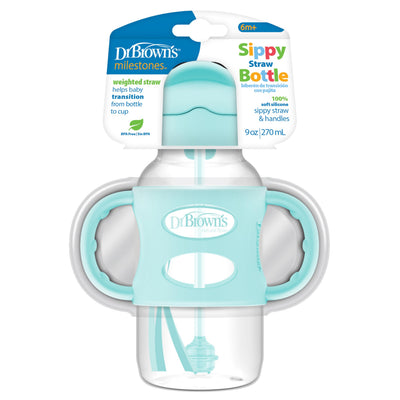 Dr. Brown's sippy straw bottle with packaging on a white background