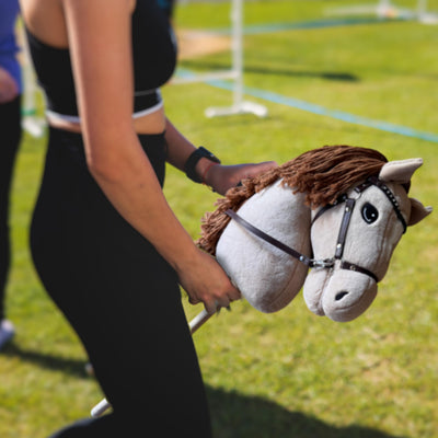 Playful Minds Large Hobby Horse for Kids and Adults – Show Quality with Rhinestone Studded Bridle, Removable Reins, and Long Mane – Plush Handmade Tournament Stick Horse, Palomino