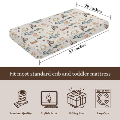 Western Cactus Hats Stars Pattern Baby Sheets for Crib, Unisex Western Theme Nursery Fitted Bed Sheet for Boys Girls Standard Crib and Toddler Mattress-28x52