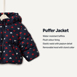Amazon Essentials x Sofia Grainge Baby Girls' Water-Resistant Hooded Puffer Jacket, Navy Hearts, 18 Months