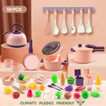 56Pcs Mini Play Kitchen Accessories for Kids, Pretend Cooking Playset with Cookware, Tableware & 2 Fruit Sets, Learning Gift for Girls, Boys, Toddlers, Pink
