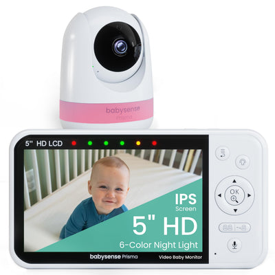 Baby monitor with camera and display showing a baby in a crib, on a white background.