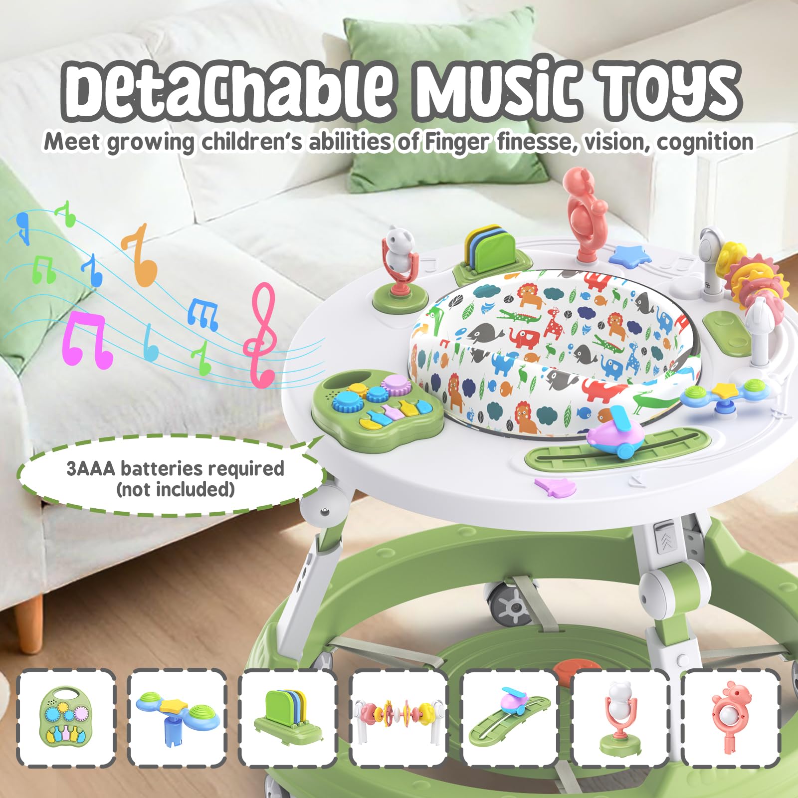 Baby Walker Foldable, 4-in-1 Toddler Infant Walkers with Wheels, 360-degree Rotatable Play Tray, for Boys and Girls 6-18 Months- Activity Center, 3-Gear Height Adjustable, Music and Lights(Green)