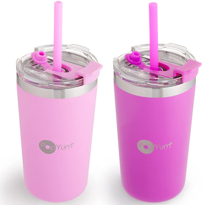 Two pink tumblers with straws and lids on a white background