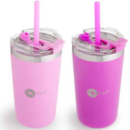 Two pink tumblers with straws and lids on a white background