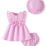 Vibebox Baby Girl Dresses 6-9 Months Ruffle Sleeveless Waist Bow Button Dress Gifts Infant Girls 9-12 Months Pink Stripes Summer Beach Garden Party Wedding Sundress Sets with Hat and Underwear