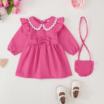 Kucnuzki 12-18 Month Girl Clothes Baby Girl Solid Color Outfit Long Sleeve Zip Up Dress Hot Pink Collared Fall Winter Toddler Girls Plain Dresses with Cute Bag
