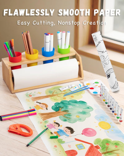 Payarma Paper Roll Dispenser for Kids Art Tabletop Easel with Blank & Patterned Paper Rolls, 12 Pigments, Drawing Tools, Pen Cups Craft Station for Kids Ages 3-8 in Home, Classroom