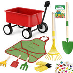 Qtioucp Kids Gardening Wheelbarrow Set, Metal & Wooden Garden Tools for Kids Ages 3-8, Real Wheelbarrows with Apron, Gloves & STEM Guide, Outdoor Backyard Garden Toy Gift