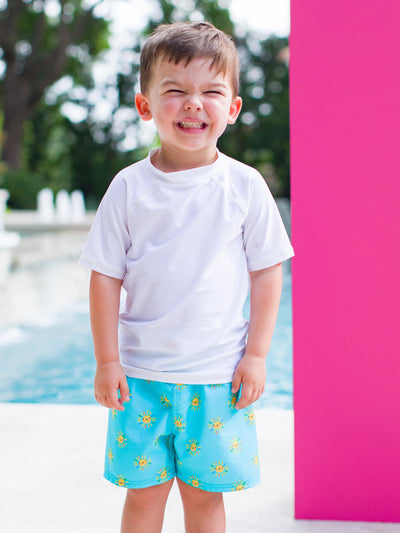 RUGGEDBUTTS Boys UPF50+ Sun Protection Novelty Swim Trunks - Blue Sunshiny Day, 5