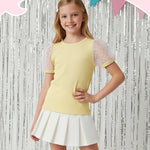 PATPAT Girls Puff Sleeve Top Size 4-5 Ribbed Short Sleeve Yellow Lace Blouse Toddler Dress Shirt Cute Clothes Birthday Girl Shirt Summer Tops