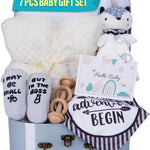 Baby Shower Gifts Set | 7 Pieces Baby Gift Box for Infant Boy or Girls 0-12 Months | Cute Baby Shower Gift' with Newborn Blanket, Security Blanket, Wooden Rattle Toy, Baby Bib and Socks, Greeting Card