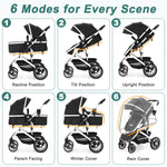 EROMMY 6-in-1 Baby Stroller with Bassinet, Convertible Infant Stroller with Adjustable Backrest & Canopy, Foldable Newborn Pushchair with Reversible Seat and Cover for 0-36 Months (Dark Black)