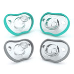 Four baby pacifiers with teal and gray borders on a white background