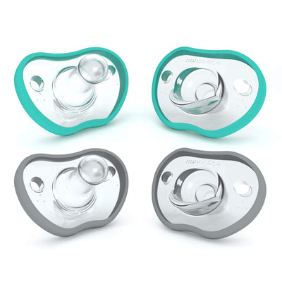 Four baby pacifiers with teal and gray borders on a white background