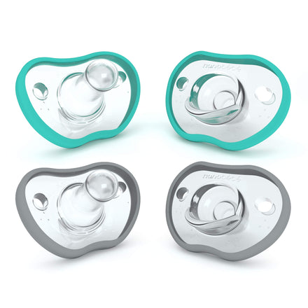 Four baby pacifiers with teal and gray borders on a white background