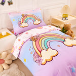 PERFEMET 4 Pieces Toddler Bedding Set Colorful Rainbow Toddler Comforter Set for Girls Pink Blue Purple Tie Dye Kids Bed Set Soft Reversible Star Printed Girl Bed in A Bag (Rainbow Flower, Pink)