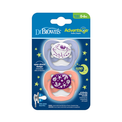 Dr. Brown's Advantage Glow-in-The-Dark Baby Pacifier, Fully Symmetrical Soother with Soft Silicone Bulb, Coral Ocean, 0-6m, BPA Free, 2 Pack