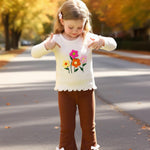 Kucnuzki 3-6 Month Baby Girl Clothes Long Sleeve Round Neck Shirts Cute Floral Tops Brown Flare Leggings Bell Bottom Knit Pants 2 Piece Infant Baby Outfits