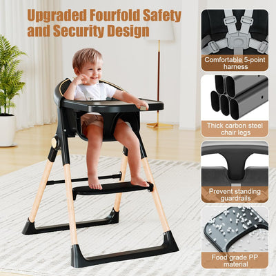 Baby High Chair, High Chairs for Babies and Toddlers, Convertible Folding High Chair with Wheels, Removable Tray 5 Point Harness Footrest Detachable PU Cushion, Portable Highchair for Baby Toddlers