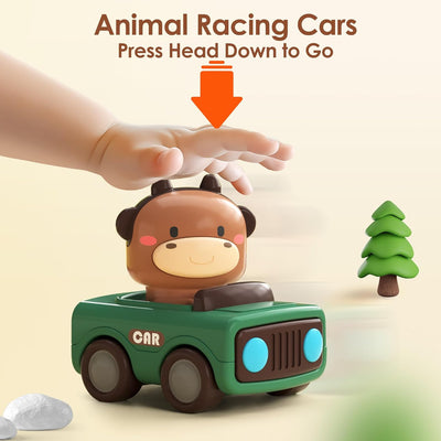 iPlay, iLearn Press to Go Car Toys for Toddlers 1-3, Baby Animal Racing Cars, Infant Play Vehicle Set, Baby Push Go Friction Car Toys for 6-9-12-18 Months, 1st Birthday Gifts for 1-2 Years Old Boys