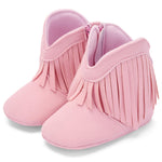 BACSAC Baby Girls Tassel Boots Zipper Infant Western Cowboy Boots Non Slip Toddler Short Boots Soft Comfort First Walker Suede Booties(Pink,12-18M)
