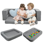 ENITYA 3-in-1 Toddler Couch, Convertible Sofa Bed with Two Pillow,Fold Out Loveseat/Ball Pit/Sleeping Bed, Kids Couch for Playroom/Bedroom/Living Room,Grey