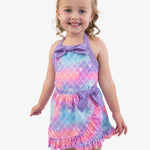 RuffleButts Girls Swim Bow Skirt Cover-Up - Shimmer Mermaid Tale, 2T/3T