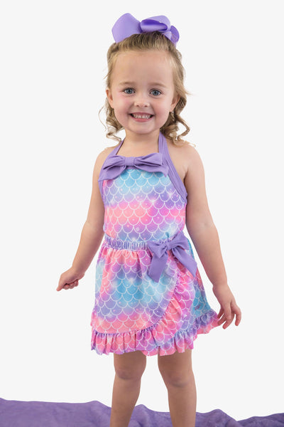 RuffleButts Girls Swim Bow Skirt Cover-Up - Shimmer Mermaid Tale, 2T/3T