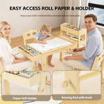Acenova Kids Art Table and Chairs Set with Paper Roll and Storage, Wooden Craft Table with 2 Chairs, Kids Desk with Storage for Drawing Learning Reading, Toddler Activity Play Desk Classroom