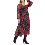 Motherhood Maternity Women's Long Sleeve V-Neck Tiered Maxi Pregnancy Dress with Drawstring, Holiday Floral, Large
