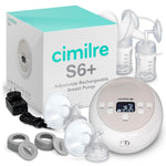 Cimilre S6+ adjustable rechargeable breast pump with packaging and accessories on a white background