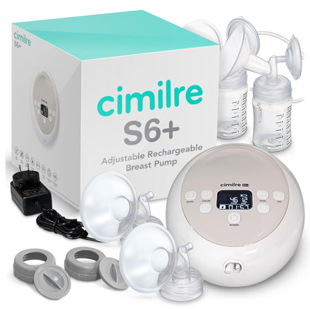 Cimilre S6+ adjustable rechargeable breast pump with packaging and accessories on a white background