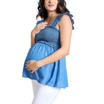 Motherhood Maternity Women's Babydoll Sleeveless Smocked Peplum Pregnancy Tank Top with Ruffle Back Detail, Medium Wash
