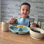 PandaEar Silicone Baby Feeding Set| 2 Divided Suction Plate + 2 Suction Bowl + 2 Tiny Cup with 2 Spoons| Baby Led Weaning Supplies Self Feeding Utensils (Blue White)