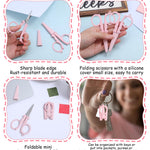 2Pcs Badge Reel Scissors, Cute Pink Foldable Mini Badge Scissors for School, Small Travel Portable with Safety Cap for Kids & Adult Scrapbooking Crafting Sewing Yarn, Kawaii Design
