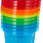 Stack of colorful plastic cups with lids on a white background