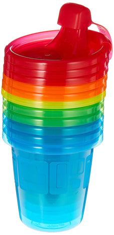 Stack of colorful plastic cups with lids on a white background