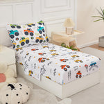 PERFEMET 4-Piece Toddler Bedding Set - Colorful Car Printed Toddler Comforter Set for Boys, Reversible Fluffy Toddler Bed Set for Baby Bedroom (White, Car Pattern)