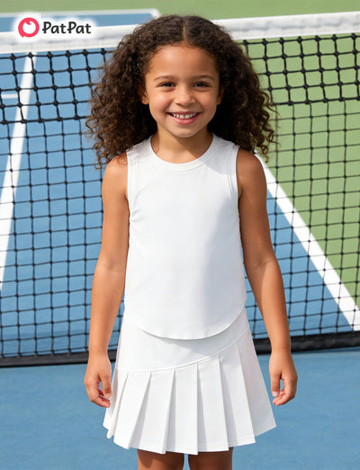 PATPAT Girls 2 Piece Tennis Skirt Set Size 6-7, Plain White Tank Tops and White Pleated Skort with Built In Shorts 2 Piece Outfits Girl Clothes Tennis Outfit Athletic Sets Activewear